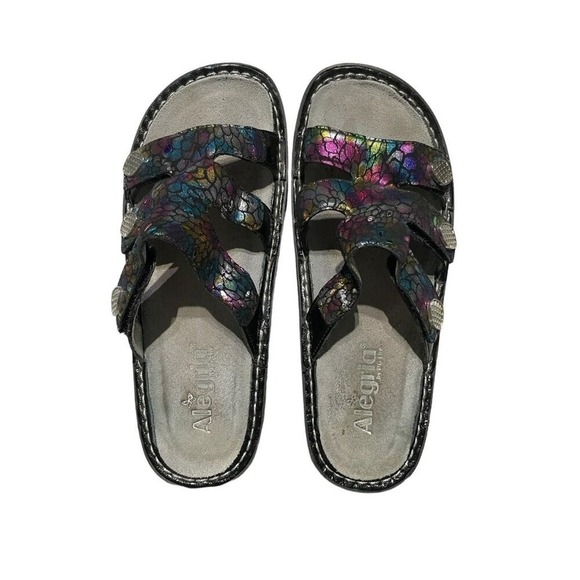 Alegria Shoes - Alegria Wedge 3 Strap Sandals Glitter Multicolor Snake Rhinestone Sz 39